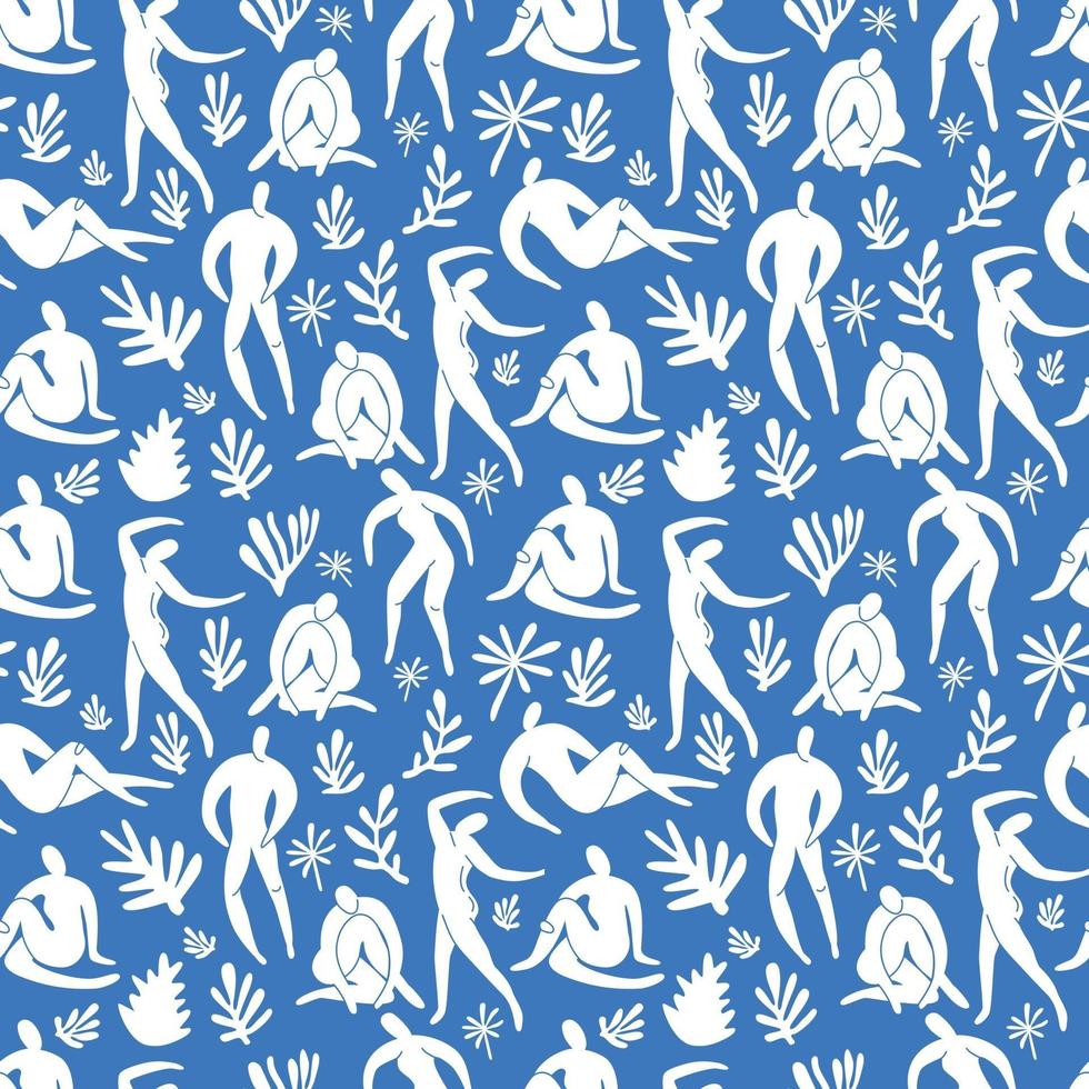 sömlösa mönster trendiga doodle och abstrakta natur ikoner på blå bakgrund. sommarkollektion, ovanliga former i frihand matisse konststil. inkluderar människor, blommor konst. vektor