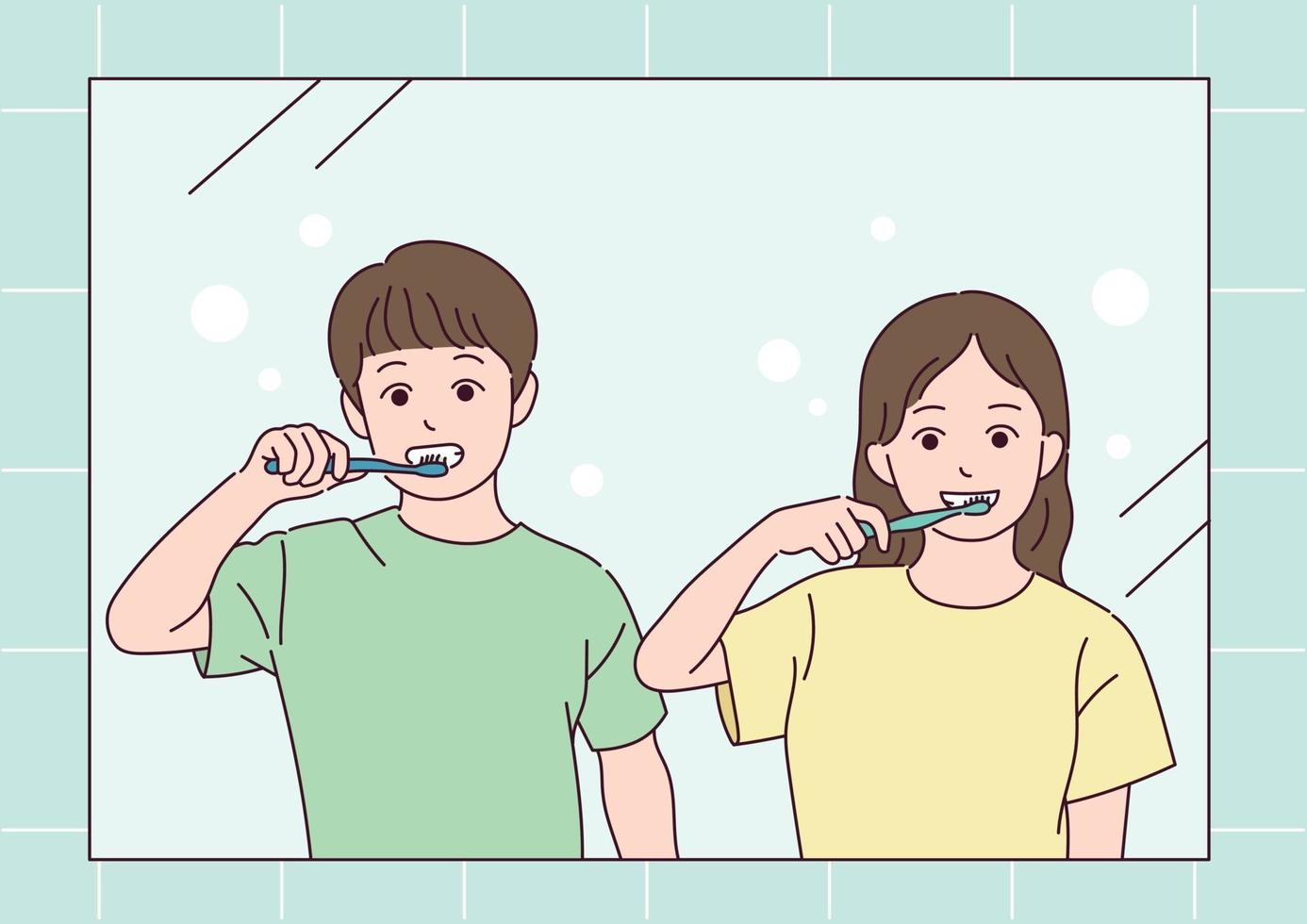 en pojke och en flicka som borstar tänderna. vektor