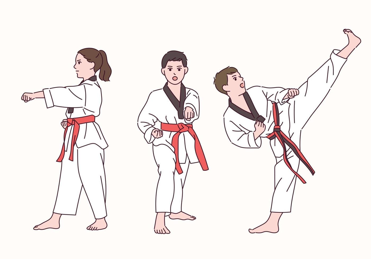 Ein süßer Junge und ein süßes Mädchen spielen Taekwondo. vektor