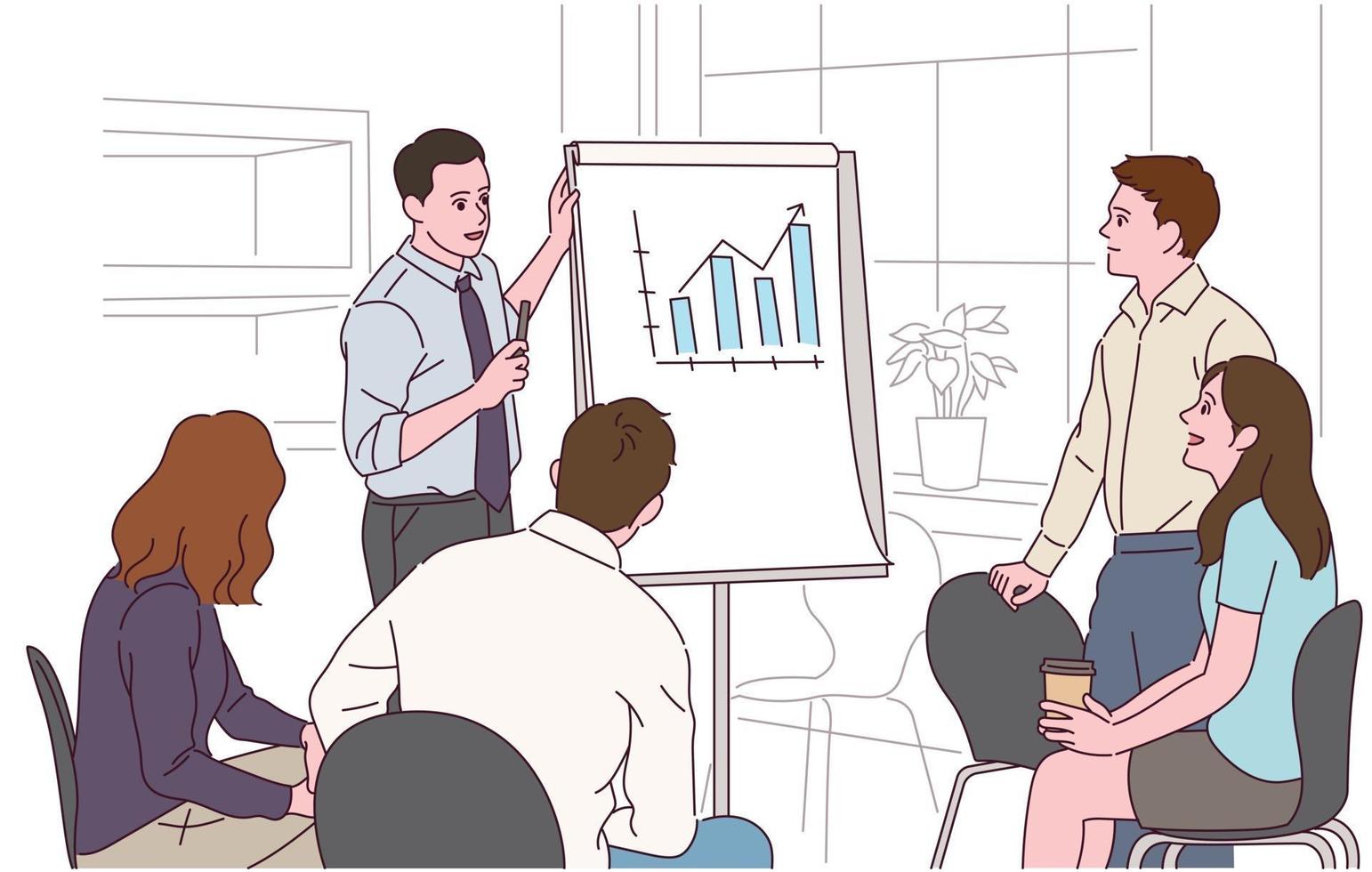 Geschäftsleute sitzen herum und ein Mann hält eine Präsentation, während er sich eine Grafik ansieht. vektor