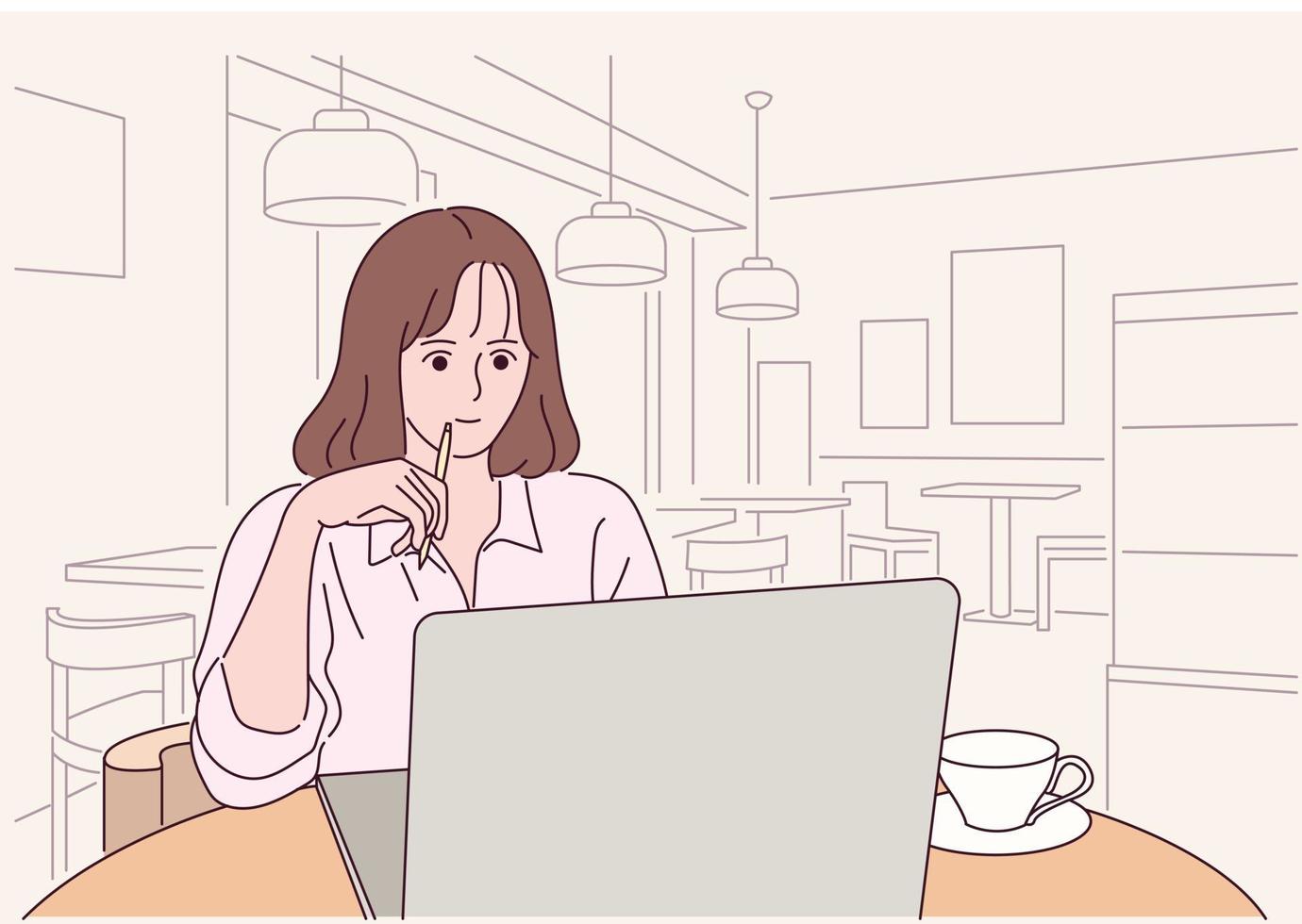 Ein Mädchen lernt im Café vektor