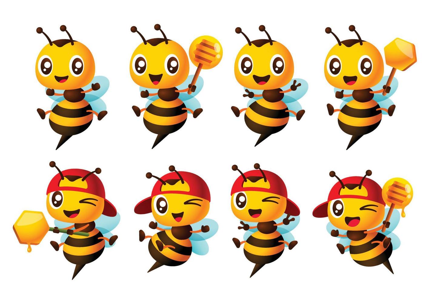 tecknad serie söt Lycklig bi karaktär uppsättning med annorlunda poserar. söt bi innehav honung dripper och vaxkaka pinne och som visar seger hand tecken. vektor slutlig maskot uppsättning