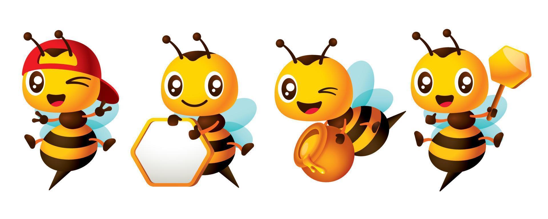 Karikatur süß Biene Charakter einstellen Serie mit anders Posen. süß Biene halten Honig Schöpflöffel, Bienenwabe Schild und Honig Topf, Show Frieden Hand unterzeichnen. Vektor Maskottchen einstellen Sammlung