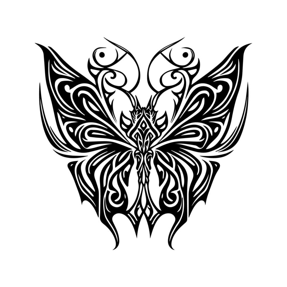 ein schön Schmetterling Stammes- tätowieren mit kompliziert Linie Kunst, Hand gezeichnet Illustration perfekt zum Ihre Nächster tätowieren Design vektor