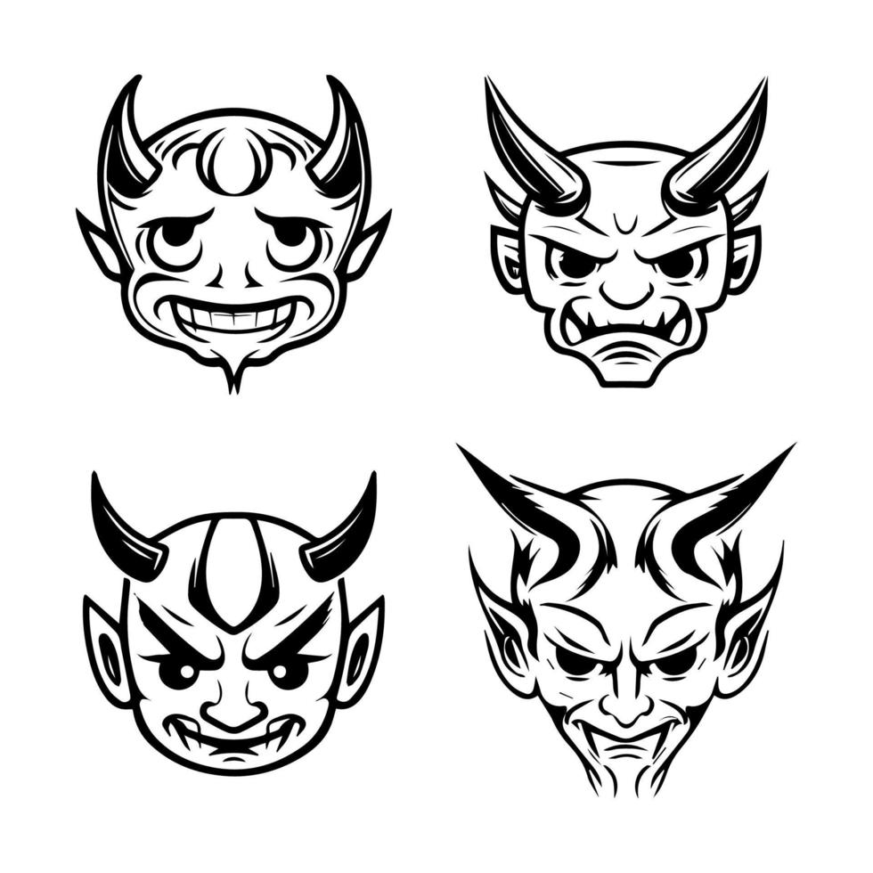 söt söt hannya mask samling uppsättning hand dragen linje konst illustration vektor