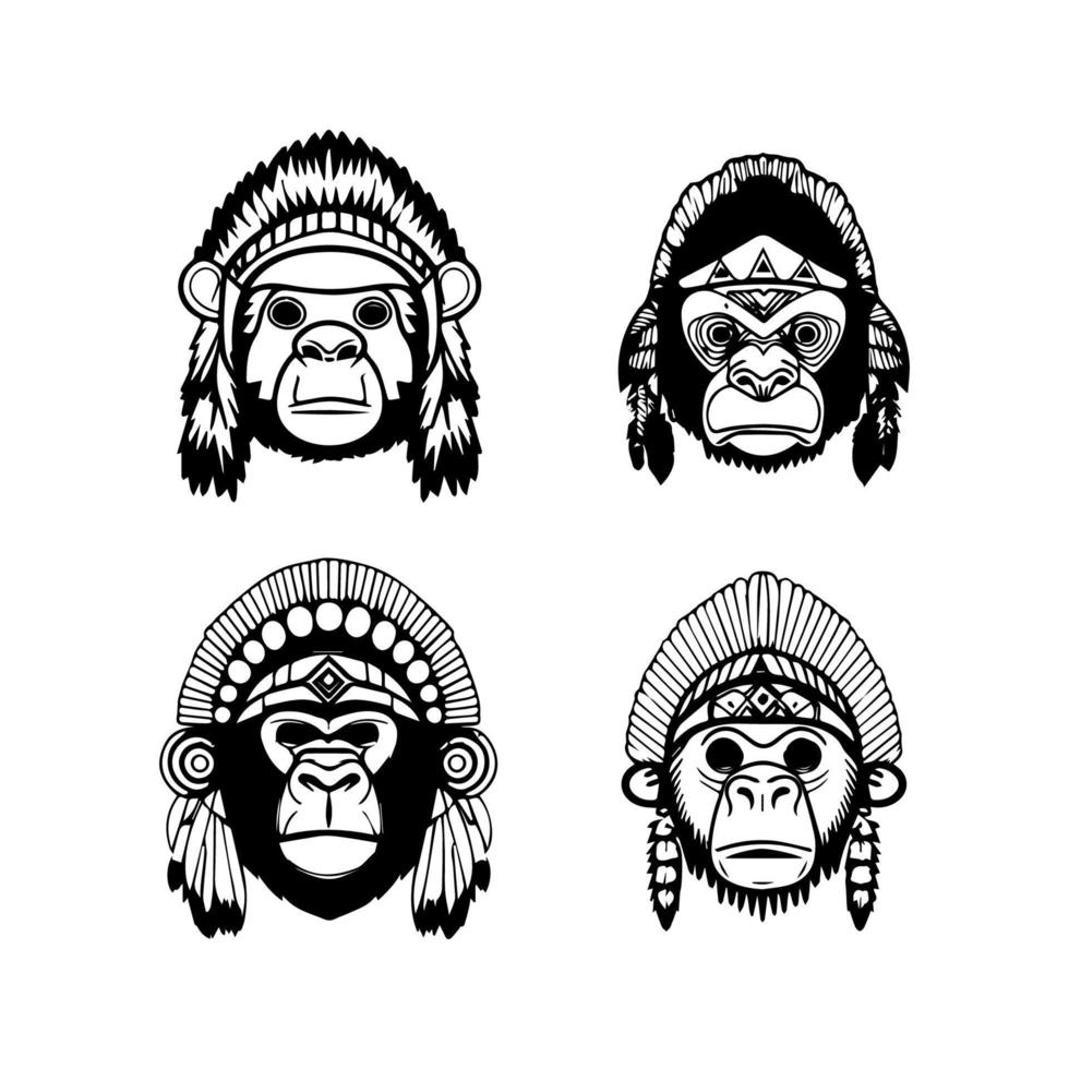 söt söt gorilla huvud bär indisk chef Tillbehör samling uppsättning hand dragen illustration vektor