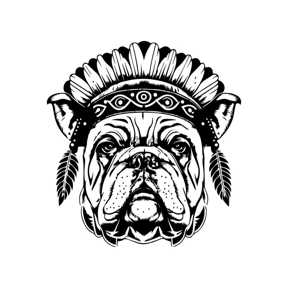 ein Bulldogge tragen indisch Chef Kopfbedeckung im Hand gezeichnet Linie Kunst Illustration, perfekt zum Sport Mannschaften, Maskottchen, oder Logos vektor