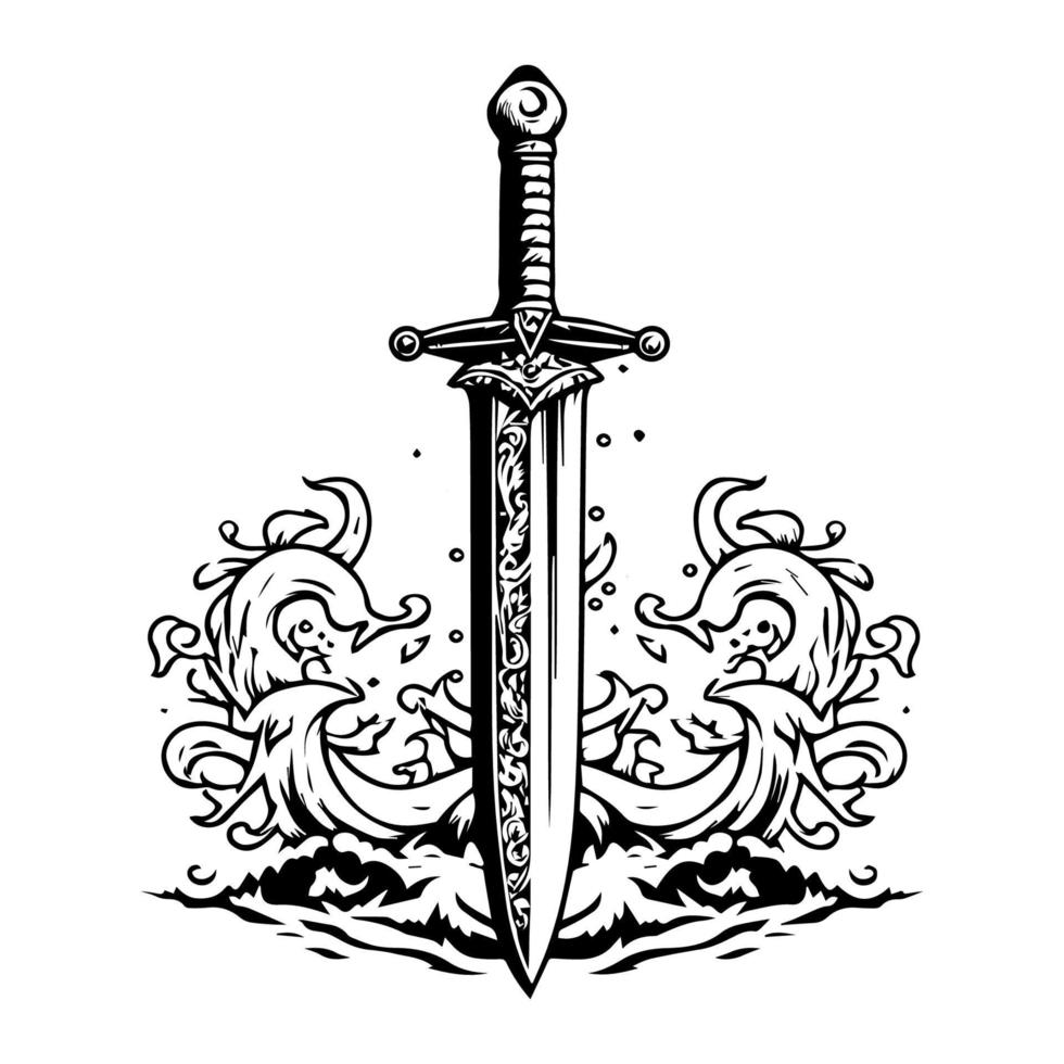 svärd logotyp silhuett hand dragen illustration vektor