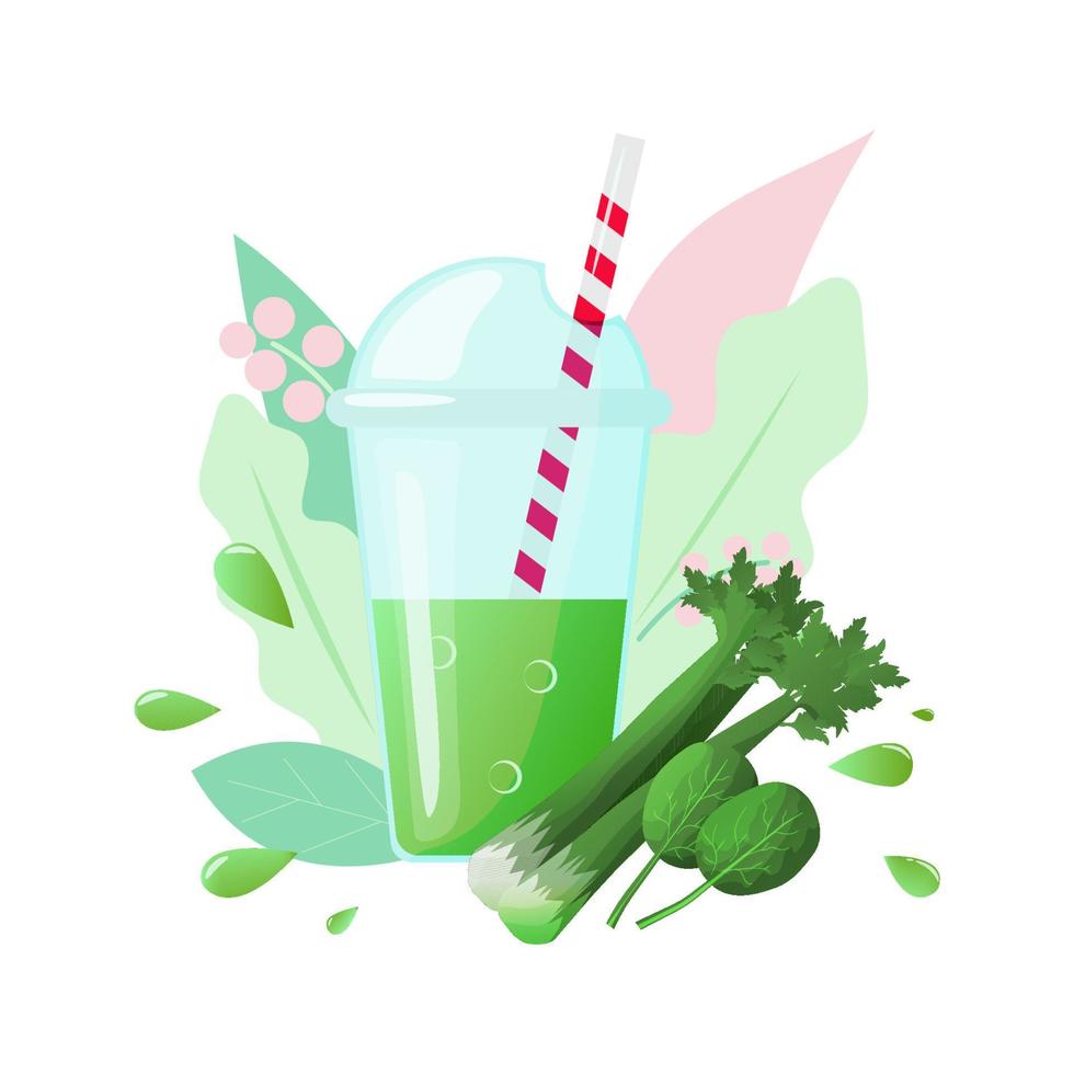 gesund Grün Smoothie mit Sellerie, Brokkoli, Spinat, Petersilie und Karotte. Vektor Illustration.