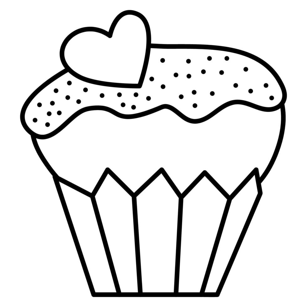 muffin med godis i de form av en hjärta. klotter vektor svart och vit illustration.