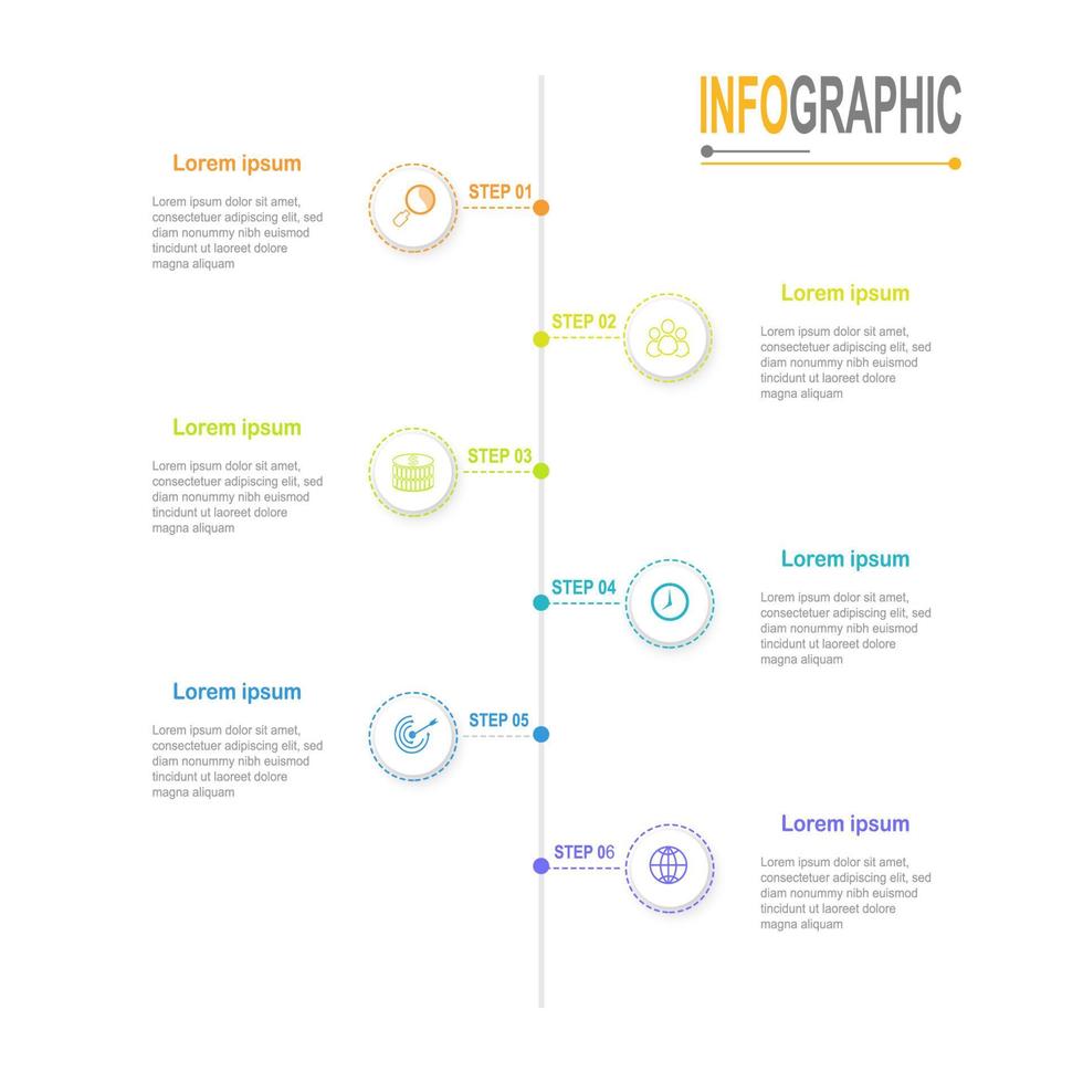 Infografik Zeitleiste Vorlage 6 Schritte Geschäft Daten Illustration. Präsentation Zeitleiste Infografik Vorlage. vektor