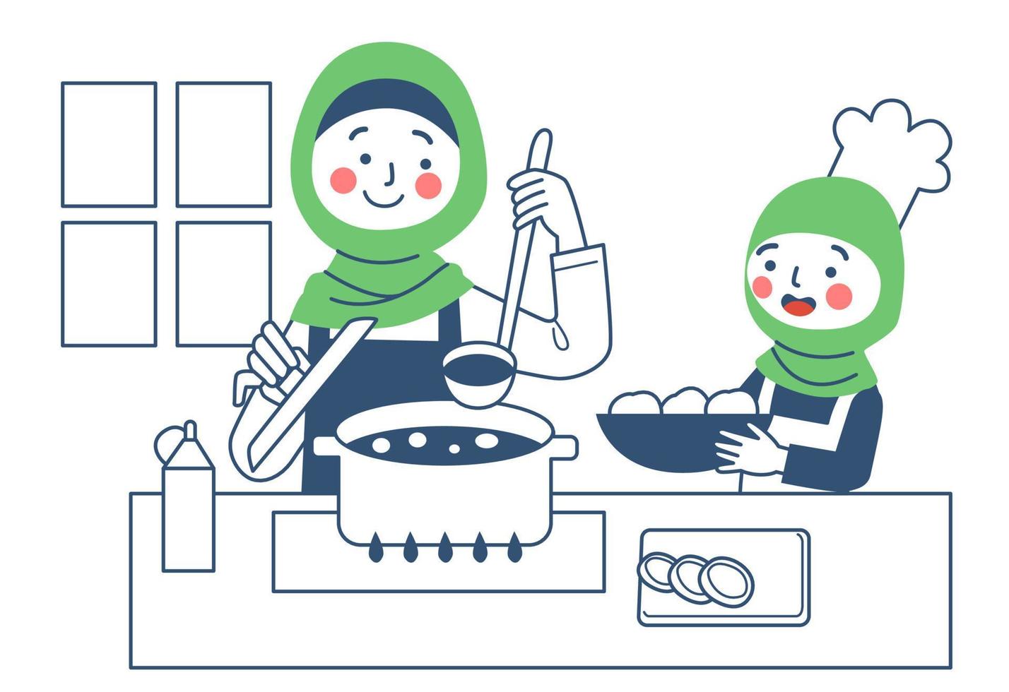 moslem mamma och dotter är matlagning tillsammans i de kök vektor