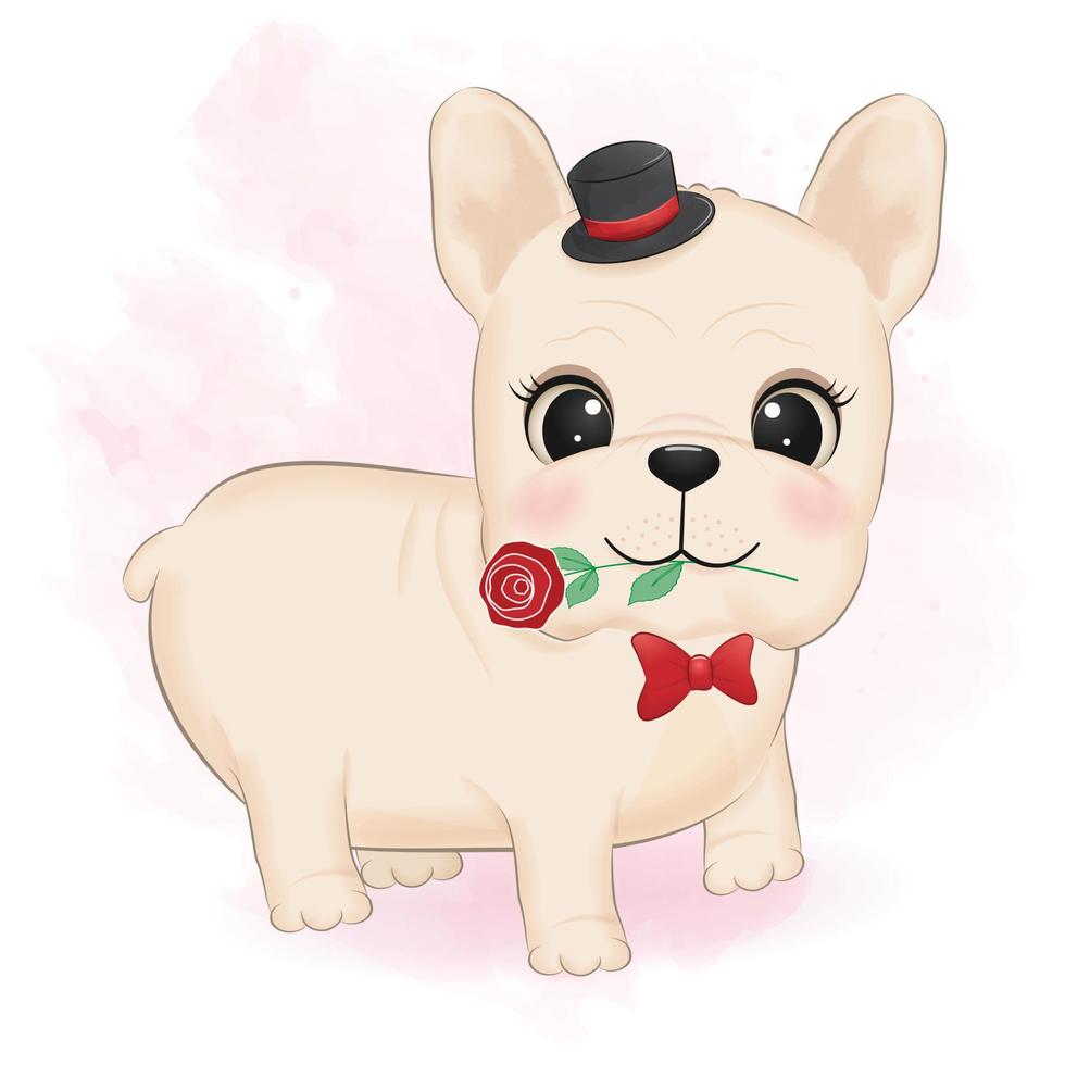 söt franska bulldogg och blomma, hjärtans dag begrepp illustration vektor