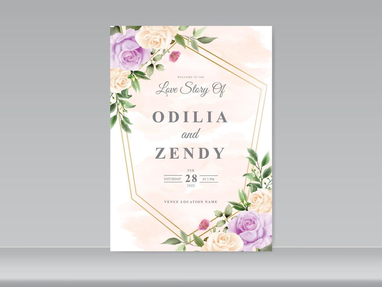 Hochzeitseinladungskartenschablone mit schöner Blumenhand gezeichnet vektor