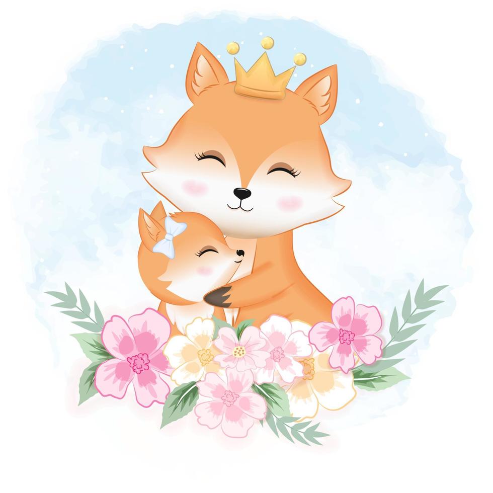 süß Baby Fuchs und Papa mit Blume Rahmen Hand gezeichnet Karikatur Illustration Aquarell Hintergrund vektor