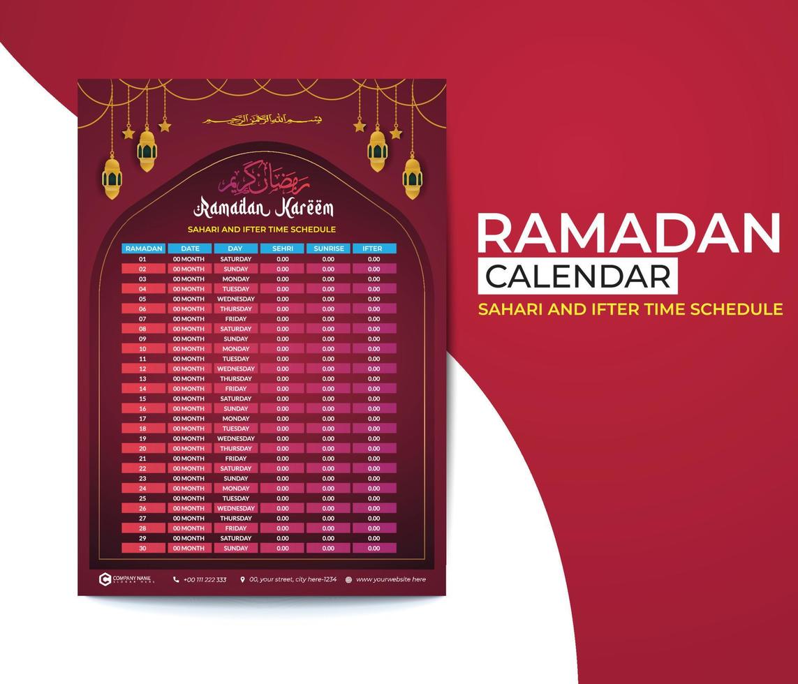 Ramadan Kalender - - Ramadan Zeitplan - - Ramadan iftar Zeit - - islamisch Kalender Design vektor