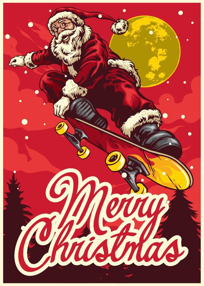 jul hälsning kort med santa claus rida skateboard vektor