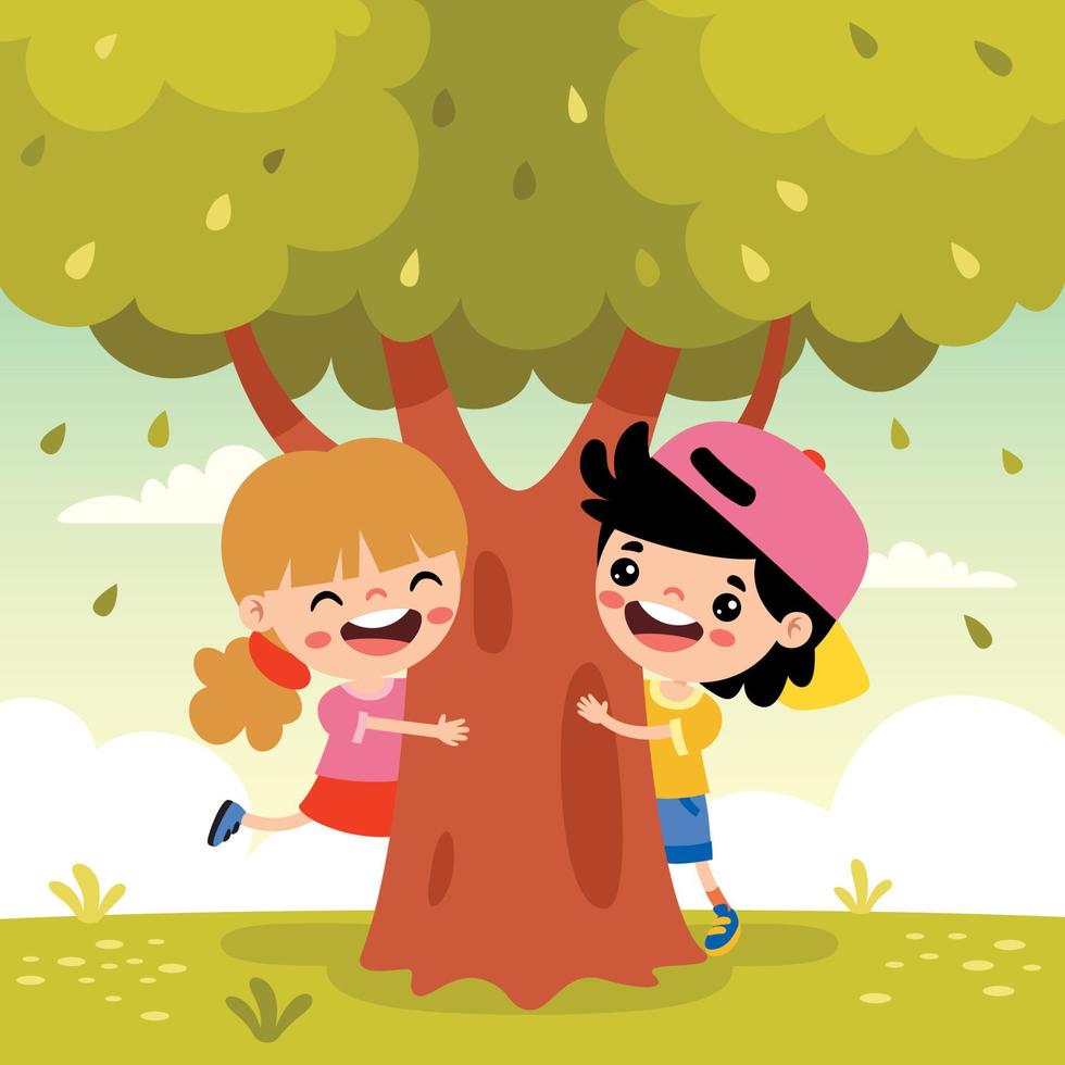 tecknad serie barn spelar under träd vektor