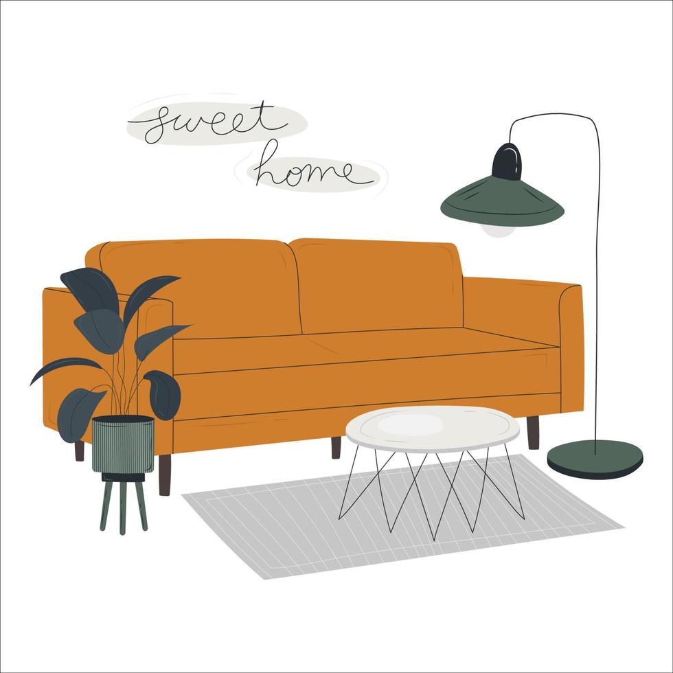 süß Innere mit Sofa und Zimmerpflanze und Verspätung. Sofa, Fußboden Lampe, Kaffee Tisch, Innen- Blume. eben Illustration, Hand gezeichnet Stil. Vektor Lager Illustration isoliert auf Weiß Hintergrund.