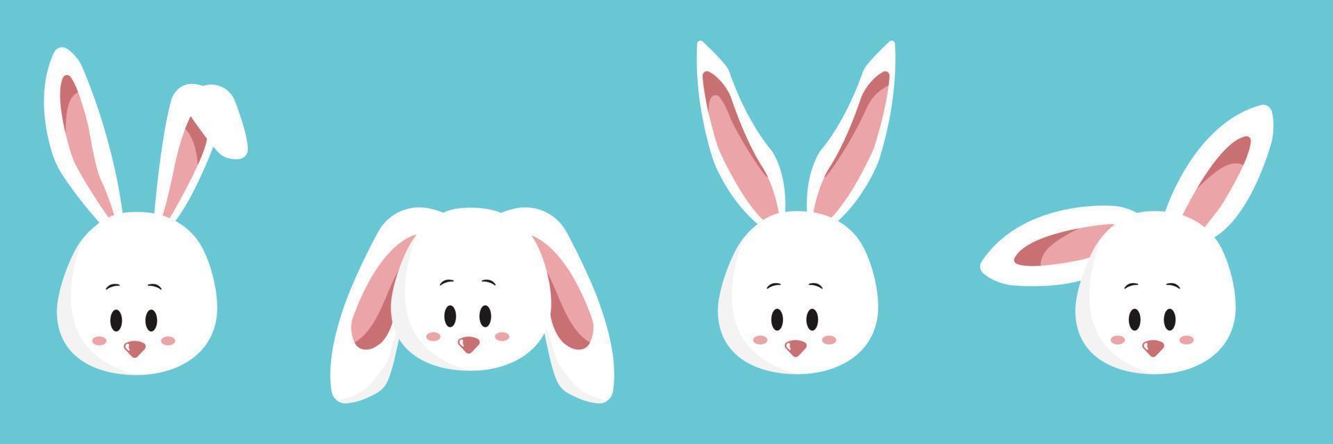 ansikte uppsättning av en söt vit kanin. söt kanin öra emoji, eller kanin uttryckssymbol. symbol av en kanin. uttryck av en rolig djur- tecknad serie figur. översikt i en vektor illustration