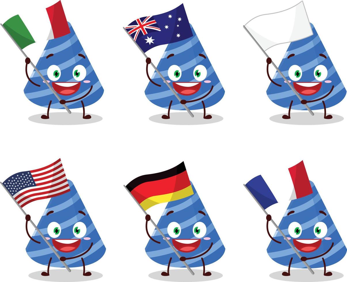 Party Hut Karikatur Charakter bringen das Flaggen von verschiedene Länder vektor
