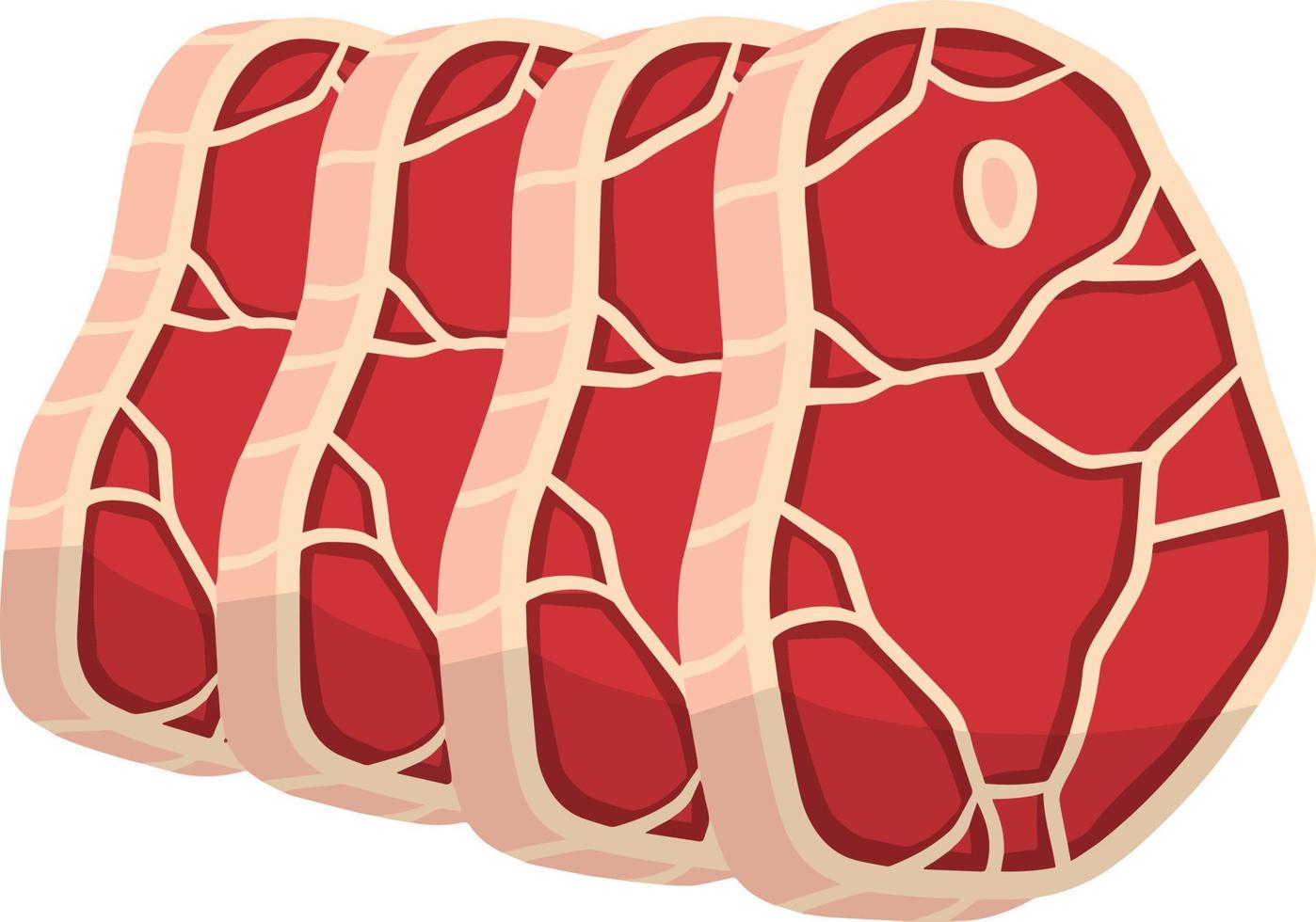 Stück rohes Fleisch. braun gebratene Oberfläche. flache illustration der karikatur. halbes Rindfleischstück abschneiden. element von küche, grill, grill, steak und leckerem essen. satz frisches rotes essen mit streifen und fett vektor