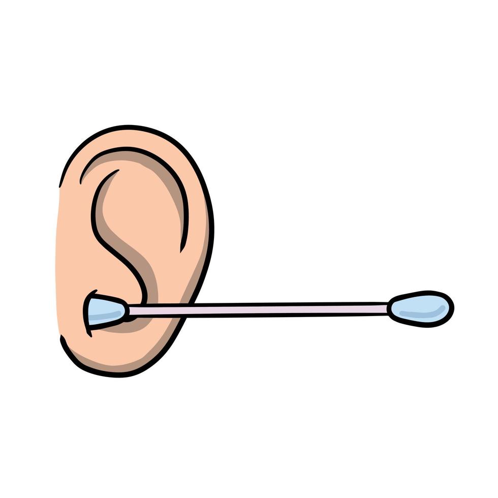 Reinigung das Ohren. hygienisch Ohr Stock. medizinisch Verfahren. Hören und Gesundheit. entfernen Ohrenschmalz mit Baumwolle Knospe. Karikatur Illustration isoliert auf Weiß vektor