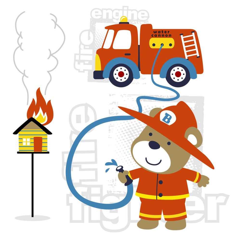 Vektor Karikatur von komisch Bär im Feuerwehrmann Uniform mit Feuerwehrauto