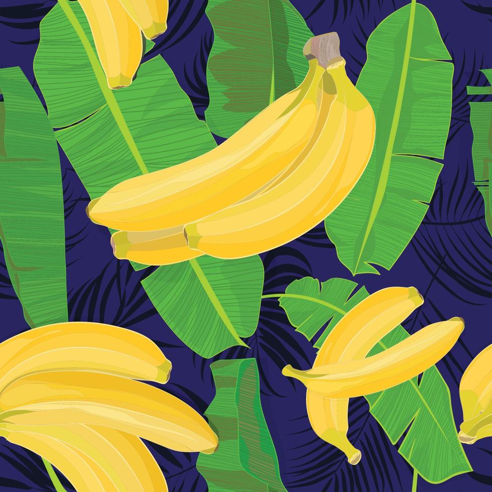 nahtlos Hand gezeichnet tropisch Muster mit Palme Blätter, Urwald exotisch Blatt und Banane Obst auf dunkel Hintergrund vektor