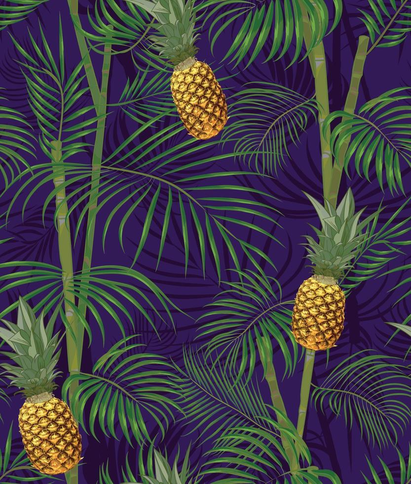 tropisch nahtlos Muster mit Ananas, exotisch Palme Blätter auf dunkel Hintergrund. vektor