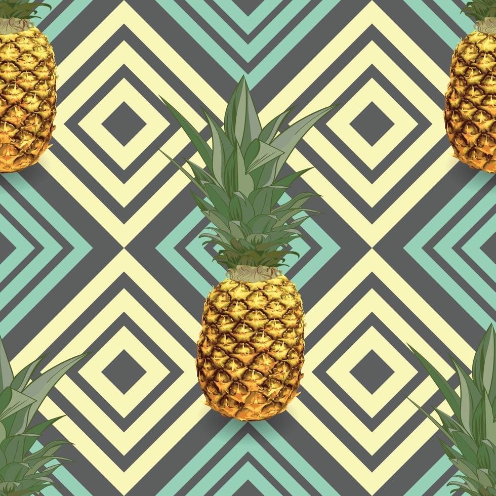 tropisch nahtlos Muster mit Ananas, exotisch Palme Blätter auf dunkel geometrisch Hintergrund. vektor