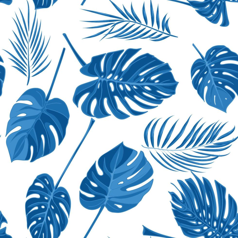 sömlös hand dragen tropisk mönster med handflatan löv i blå Färg, djungel exotisk blad på vit bakgrund vektor