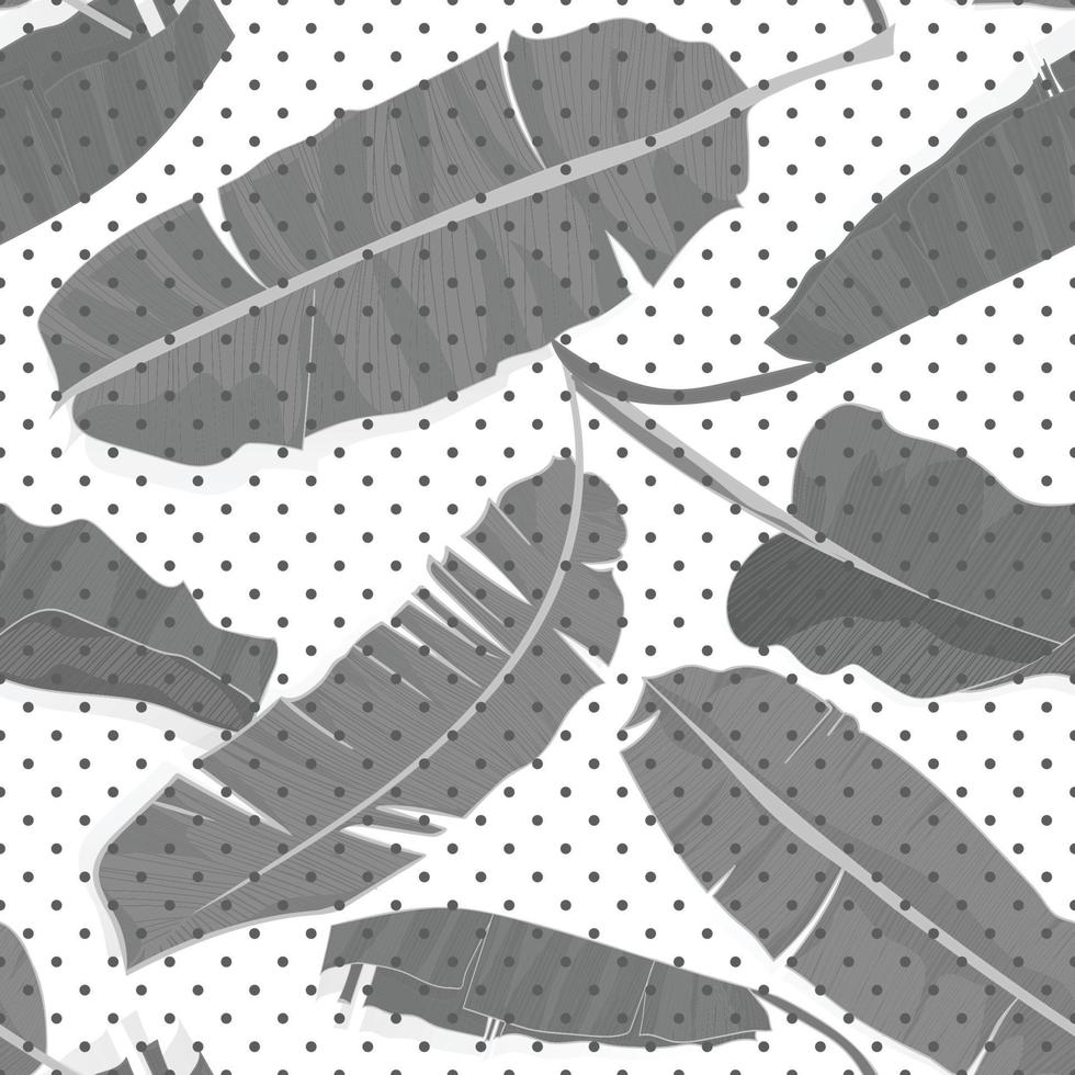 nahtlos Hand gezeichnet tropisch Muster mit Palme Banane Blätter, Urwald exotisch Blatt im schwarz und Weiß Farbe auf Polka Punkt Hintergrund vektor