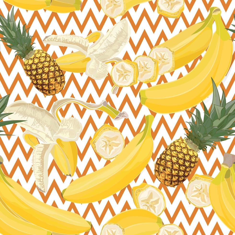 sömlös hand dragen tropisk mönster med banan och ananas frukt på geometrisk bakgrund vektor