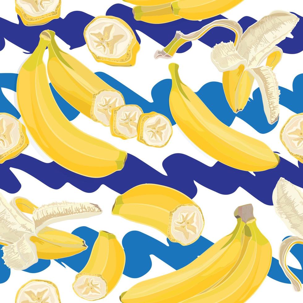 sömlös hand dragen tropisk mönster med banan frukt på vit och blå bakgrund vektor