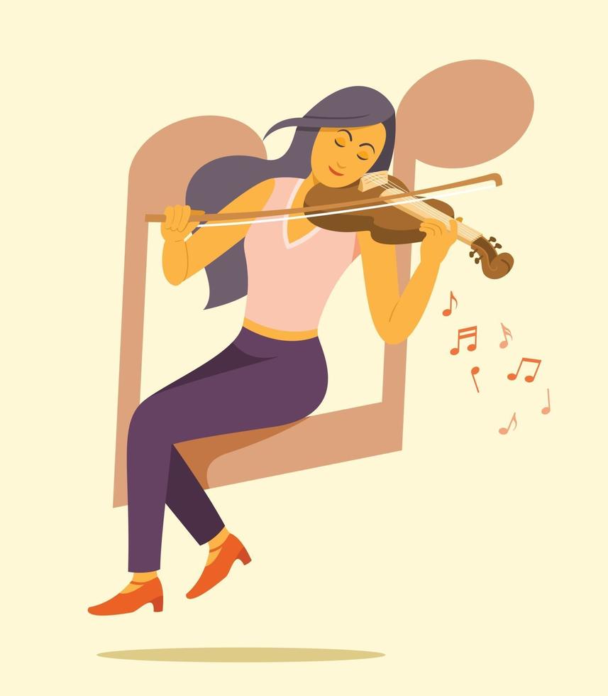 Frau sitzt auf dem großen Musiknotensymbol und spielt gerne Geige. vektor