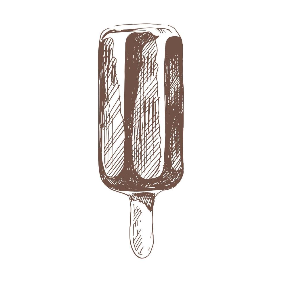 en ritad för hand skiss av is grädde, isglass på en pinne i choklad. årgång illustration. element för de design av etiketter, förpackning och vykort. vektor