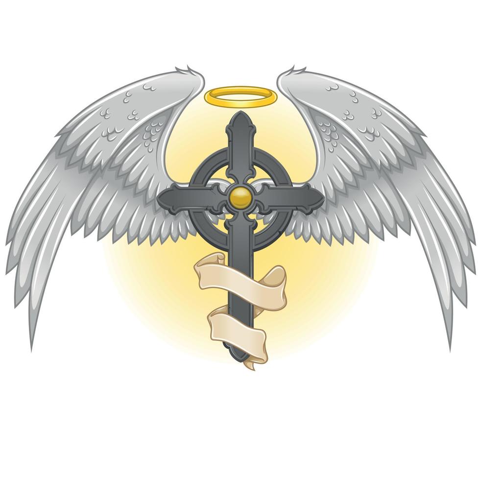 Vektor Design von geflügelt Kreuz mit Band, paradiesisch Kreuz mit Flügel, Christian Symbolik von Paradies