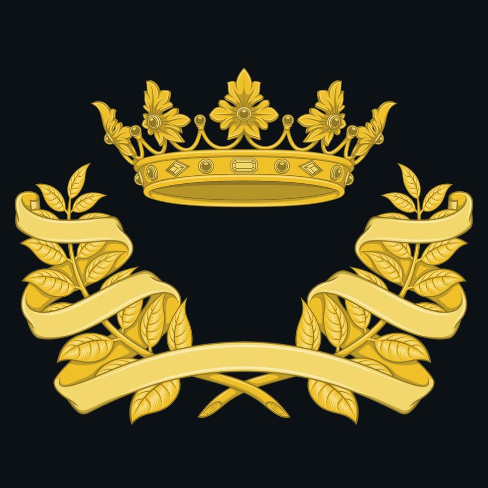 Vektor Design von königlich Krone mit Lorbeer Kranz umgeben durch Band, zwei Olive Geäst geschmückt mit Band mit Gold Krone