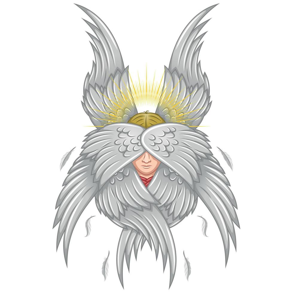 Vektor Design von Seraph mit sechs Flügel, Engel Gesicht von katholisch Religion, Erzengel mit Heiligenschein und Gefieder