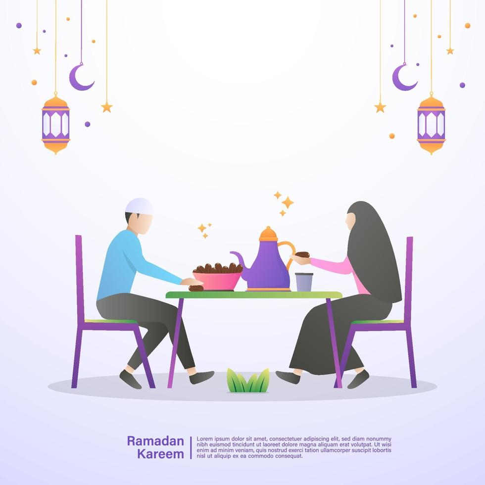 muslimska familjer äter iftar av ramadan tillsammans i lycka. illustration koncept av ramadan kareem vektor