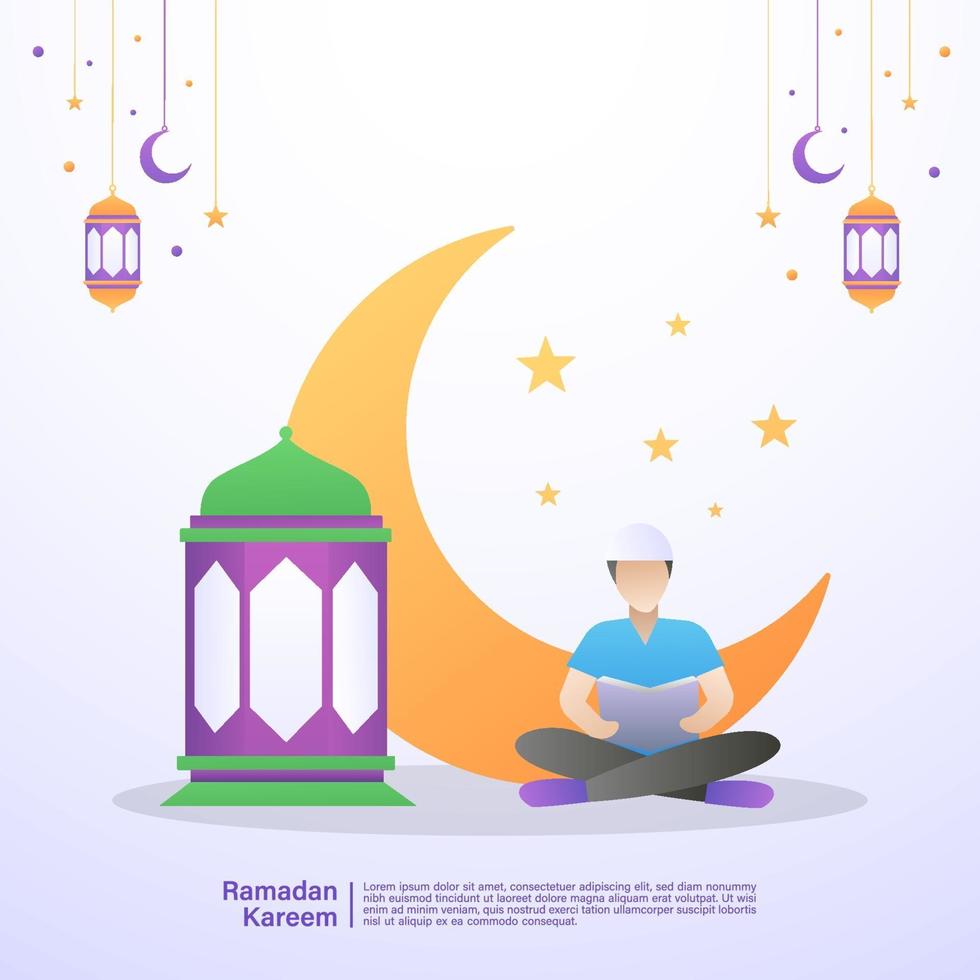 Der muslimische Mann liest den Koran im Monat Ramadan. Illustrationskonzept des Ramadan Kareem vektor