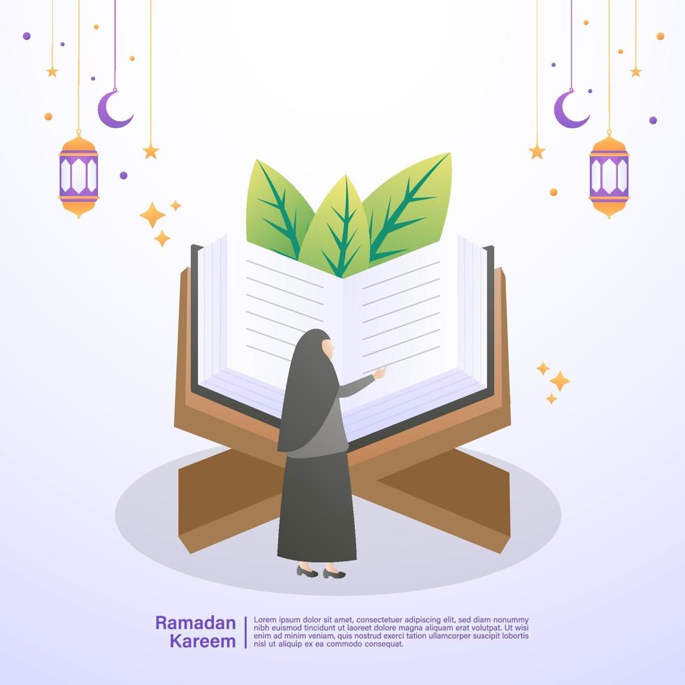 Die muslimische Frau liest den Koran im Monat Ramadan. Illustrationskonzept des Ramadan Kareem vektor