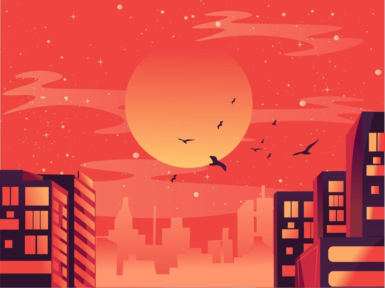 flache Abbildung des Stadtbildes mit Firmengebäuden. moderne und futuristische Landschaft mit leuchtenden Neonwolkenkratzern und Konstruktionen unter der Sonne. Sommer Innenstadt Panorama mit Wolken vektor