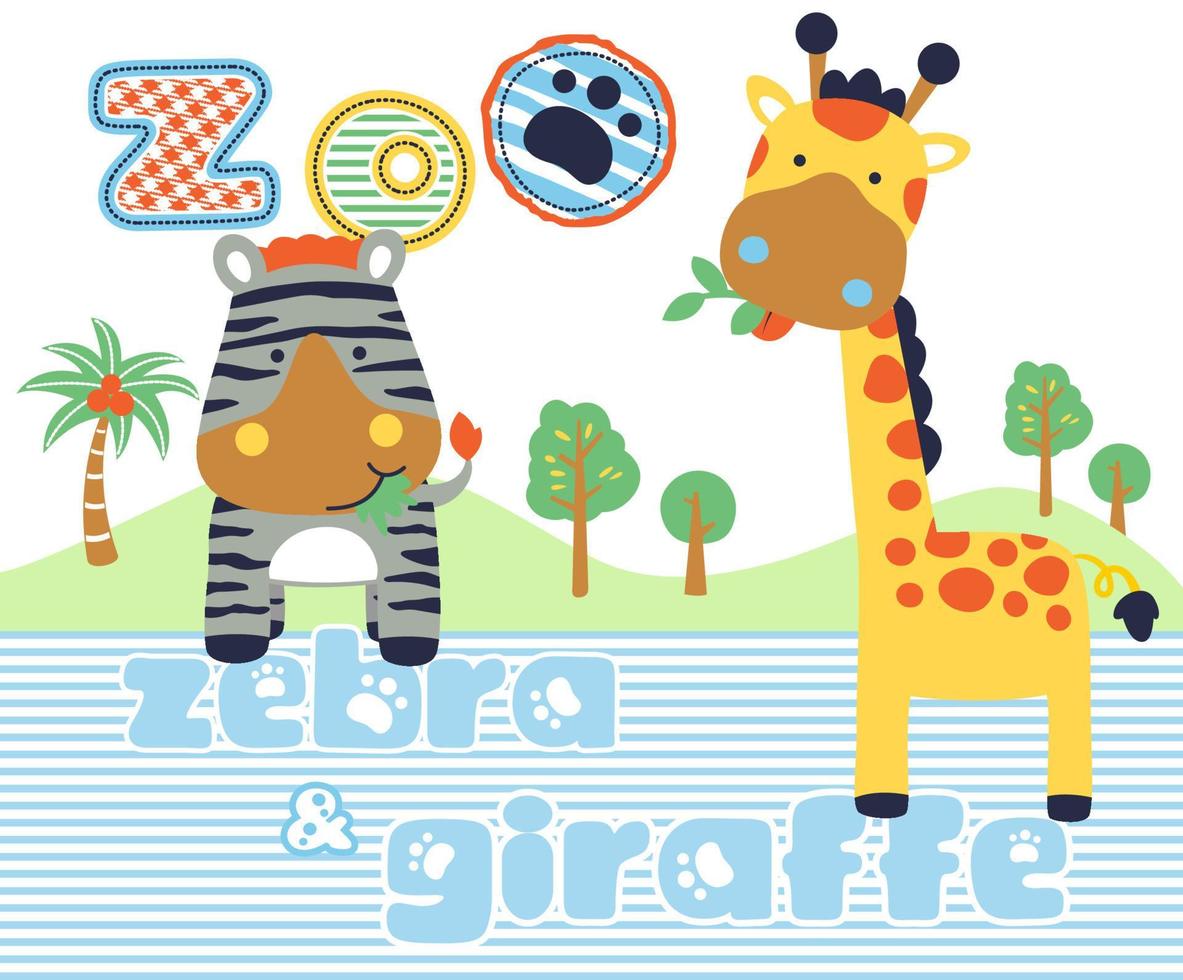 rolig zebra med giraff i de Zoo, vektor tecknad serie illustration