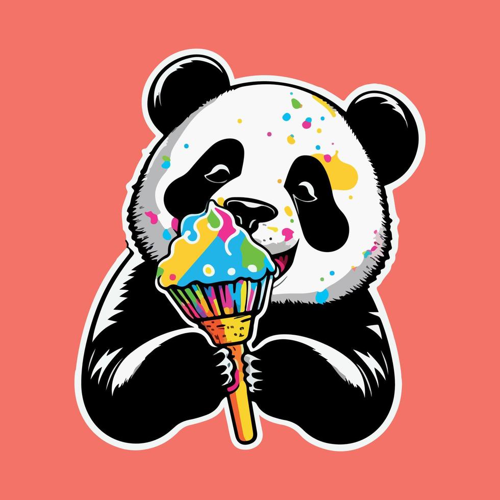 färgrik panda äter godis eller is grädde pop- konst vektor illustration