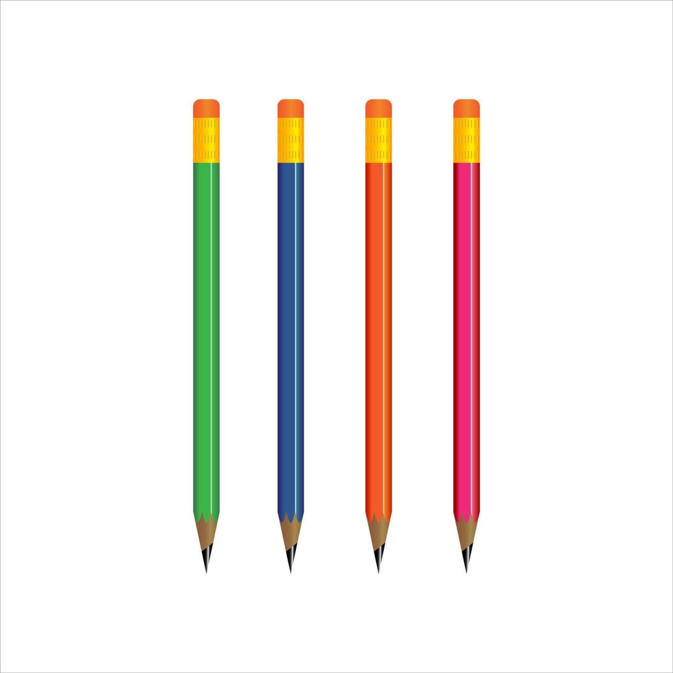 realistisch Bleistifte. 3d farbig Schule Schreibwaren mit Anspitzer und Rasuren. Vektor einstellen isoliert hölzern Graphit geschärft Bleistifte mit Gummi von anders Größe