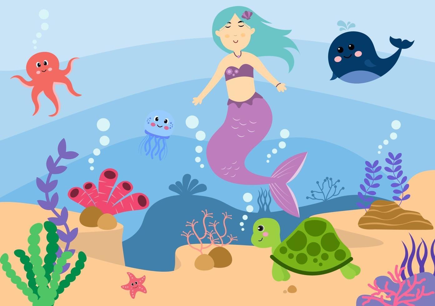 Unterwasser Meerjungfrau Vektor-Illustration niedlichen Meerestiere Cartoon-Zeichen zusammen mit Fisch, Schildkröte, Tintenfisch, Seepferdchen, Krabben vektor