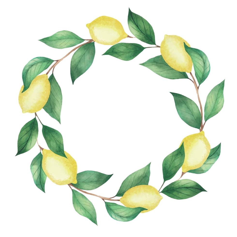 akvarell krans av citroner och gröna grenar, löv vektor