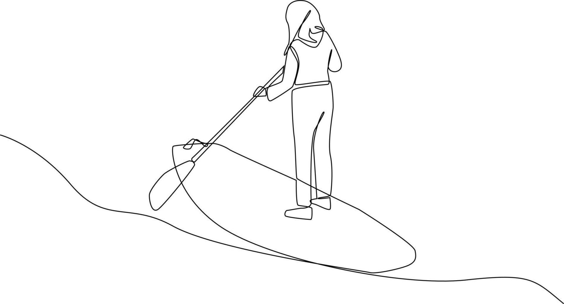 kontinuierlich eine Linie Zeichnung Mädchen ist Surfbrett Paddel im das See. Erfahrung im Reisender Konzept. Single Linie Zeichnung Design Grafik Vektor Illustration